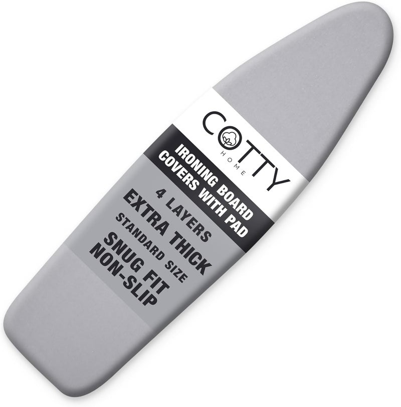 COTTY HOME Store أغطية طاولة الكي السميكة مع وسادة بحجم قياسي 15x54، عاكسة للحرارة ومقاومة للاحتراق، تناسب محكمة مع جيب أنف غير قابل للانزلاق وأشرطة تثبيت مرنة، رمادي - Image 1